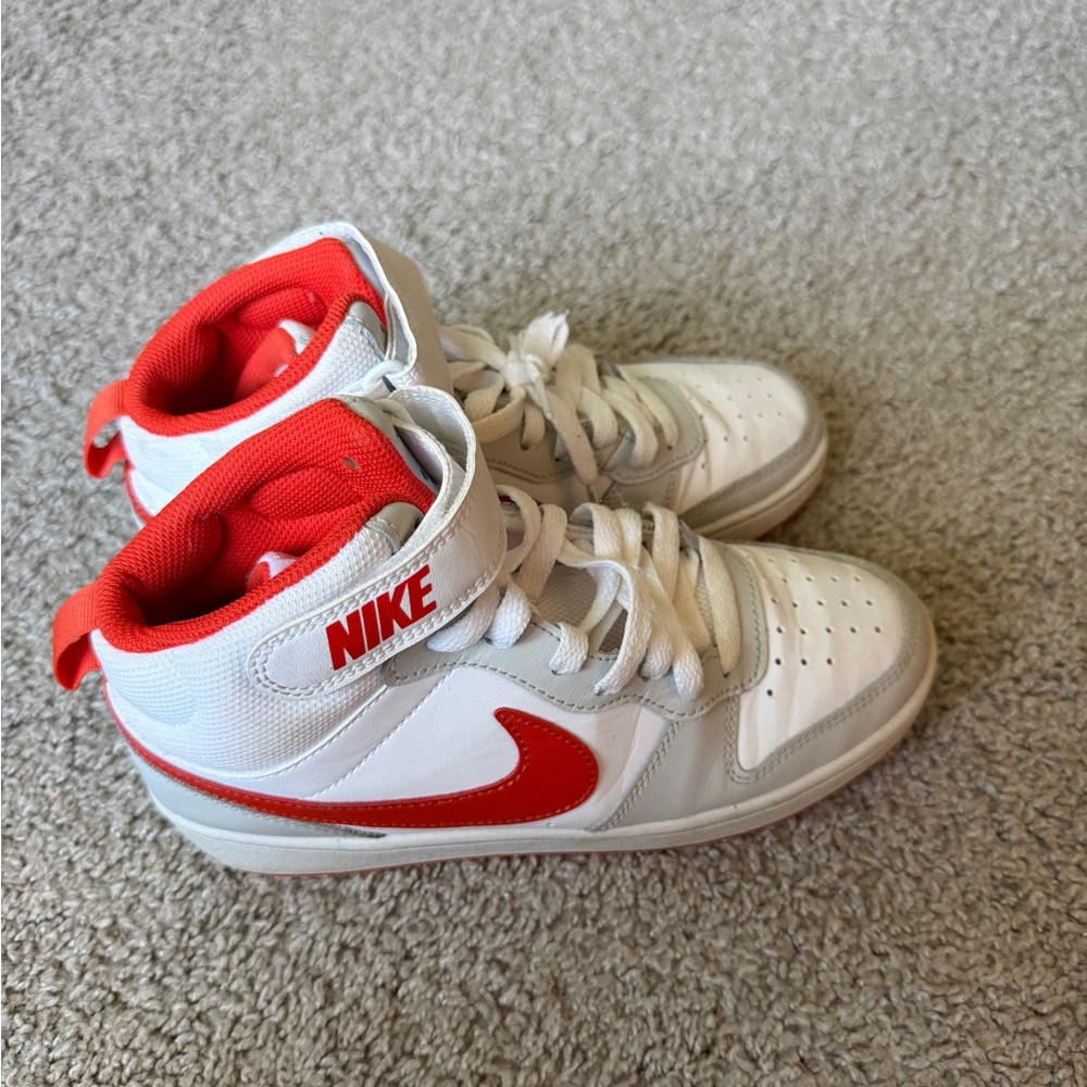 Nike Kids White and Orange, School Court Borough Mid 2 High-Top Sneakers